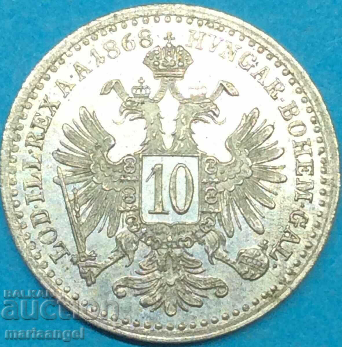 10 Kreuzer 1868 Ungaria Franz Joseph Silver - destul de rar