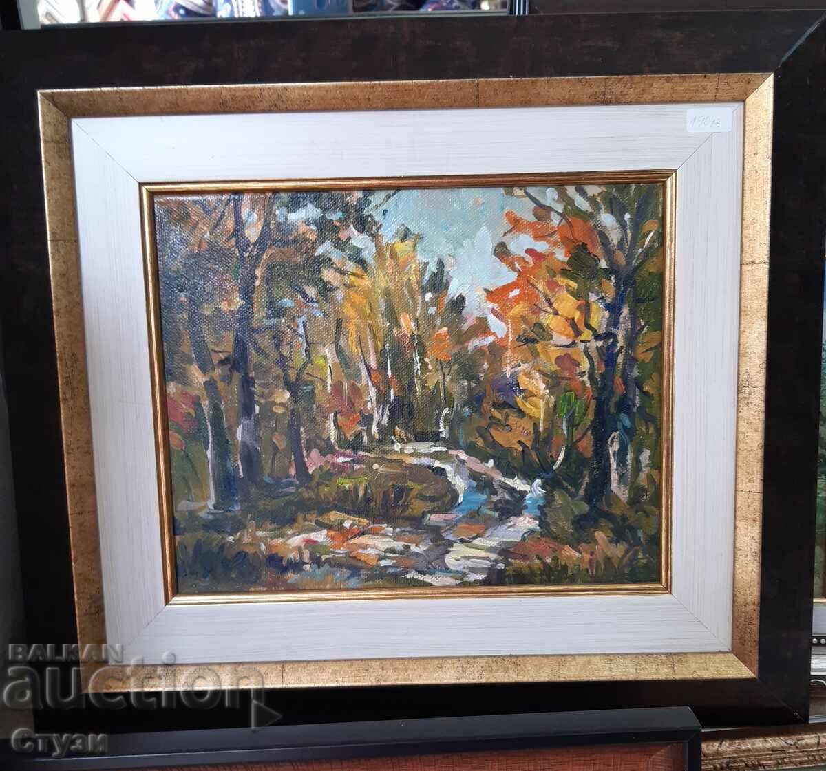 Pictura de autor „Peisaj de pădure”, ulei, 22x27 cm