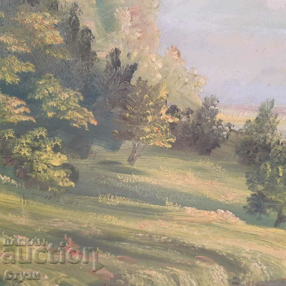 Tablou de Marin Monovski „Peisaj cu râu”, ulei, 50x75 cm cu preț 400.00 BGN | € 204.52 Tablou de Marin Monovski „Peisaj cu râu”, ulei, 50x75 cm cu preț 400.00 BGN | € 204.52