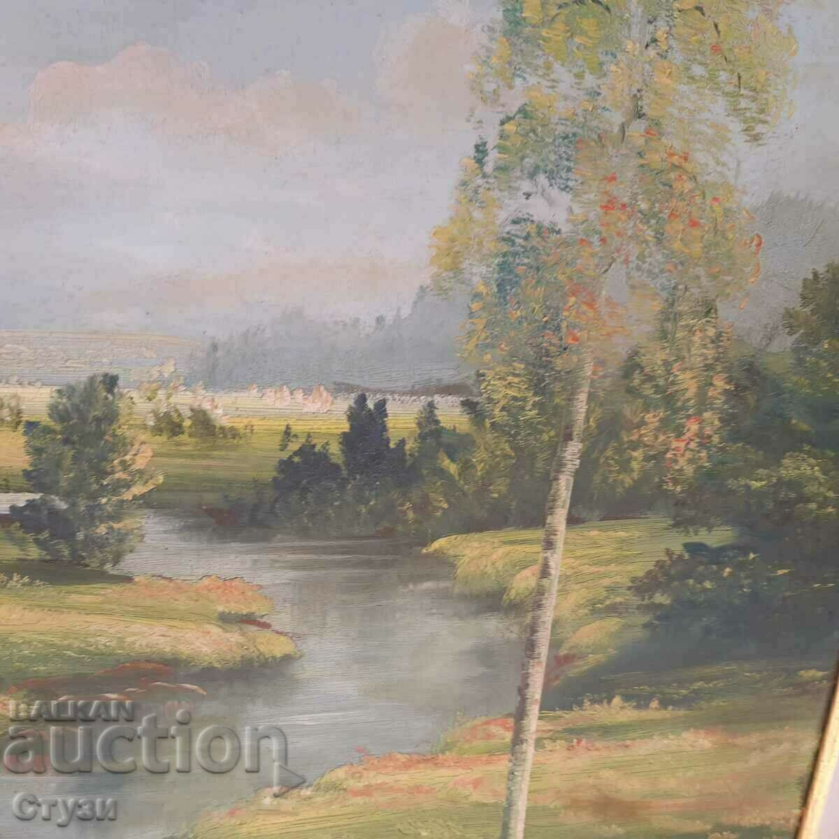 Licitație Tablou de Marin Monovski „Peisaj cu râu”, ulei, 50x75 cm Licitație Tablou de Marin Monovski „Peisaj cu râu”, ulei, 50x75 cm