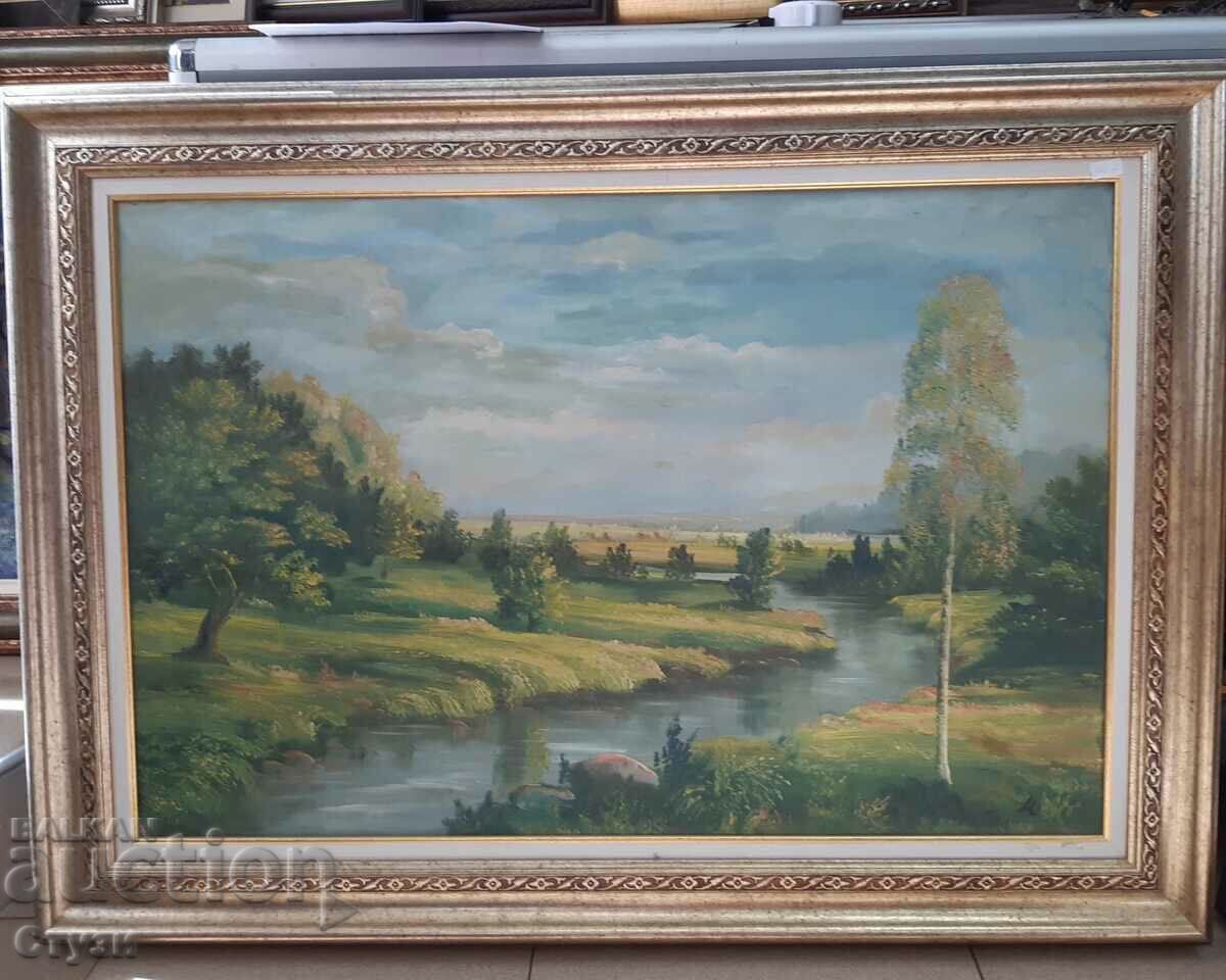 Tablou de Marin Monovski „Peisaj cu râu”, ulei, 50x75 cm