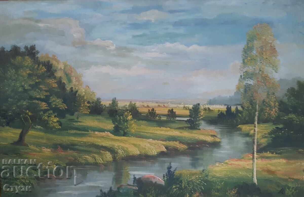 Tablou de Marin Monovski „Peisaj cu râu”, ulei, 50x75 cm Tablou de Marin Monovski „Peisaj cu râu”, ulei, 50x75 cm