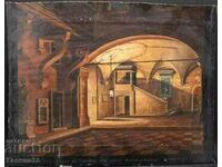 Tempera pe carton: Curtea casei lui Michelangelo din secolul al XIX-lea