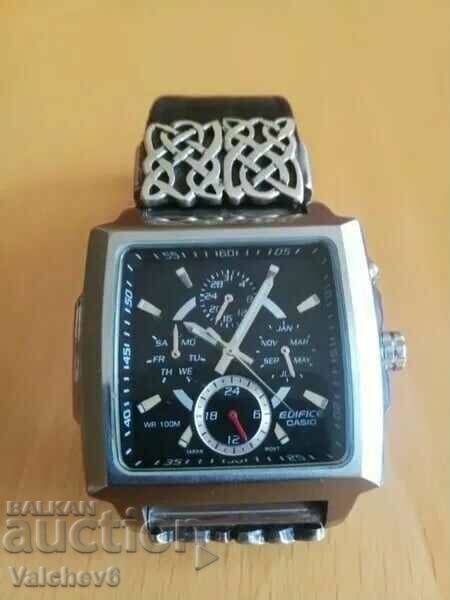 Leather and silver bracelet combination watch