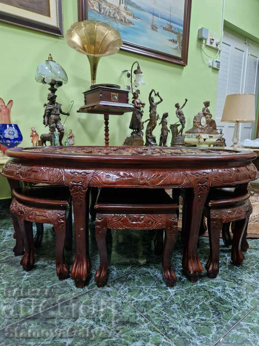 Unique antique Chinese table with 6 stools