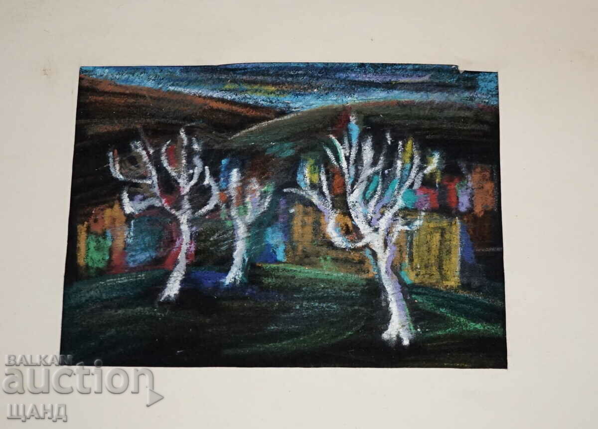 Nikolay Dobrev Old Picture Drawing Pastel landscape trees