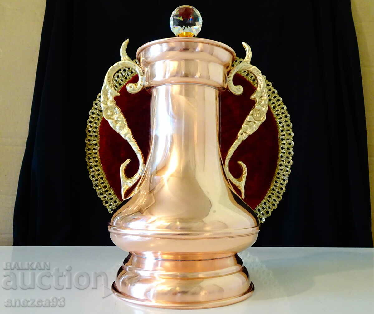 Copper jug, amphora, vase with gilded lid, crystal.