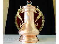 Copper jug, amphora, vase with gilded lid, crystal.