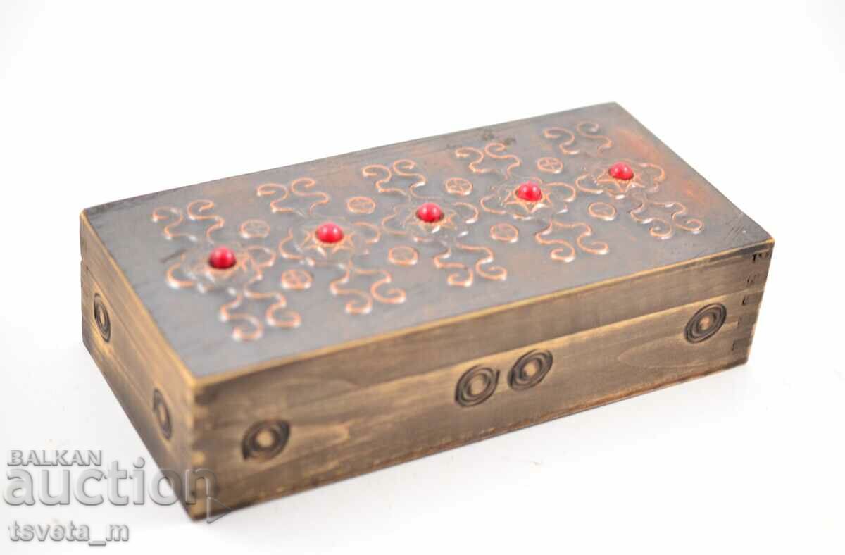 Cutie antică din lemn cu incrustație de cupru - 6