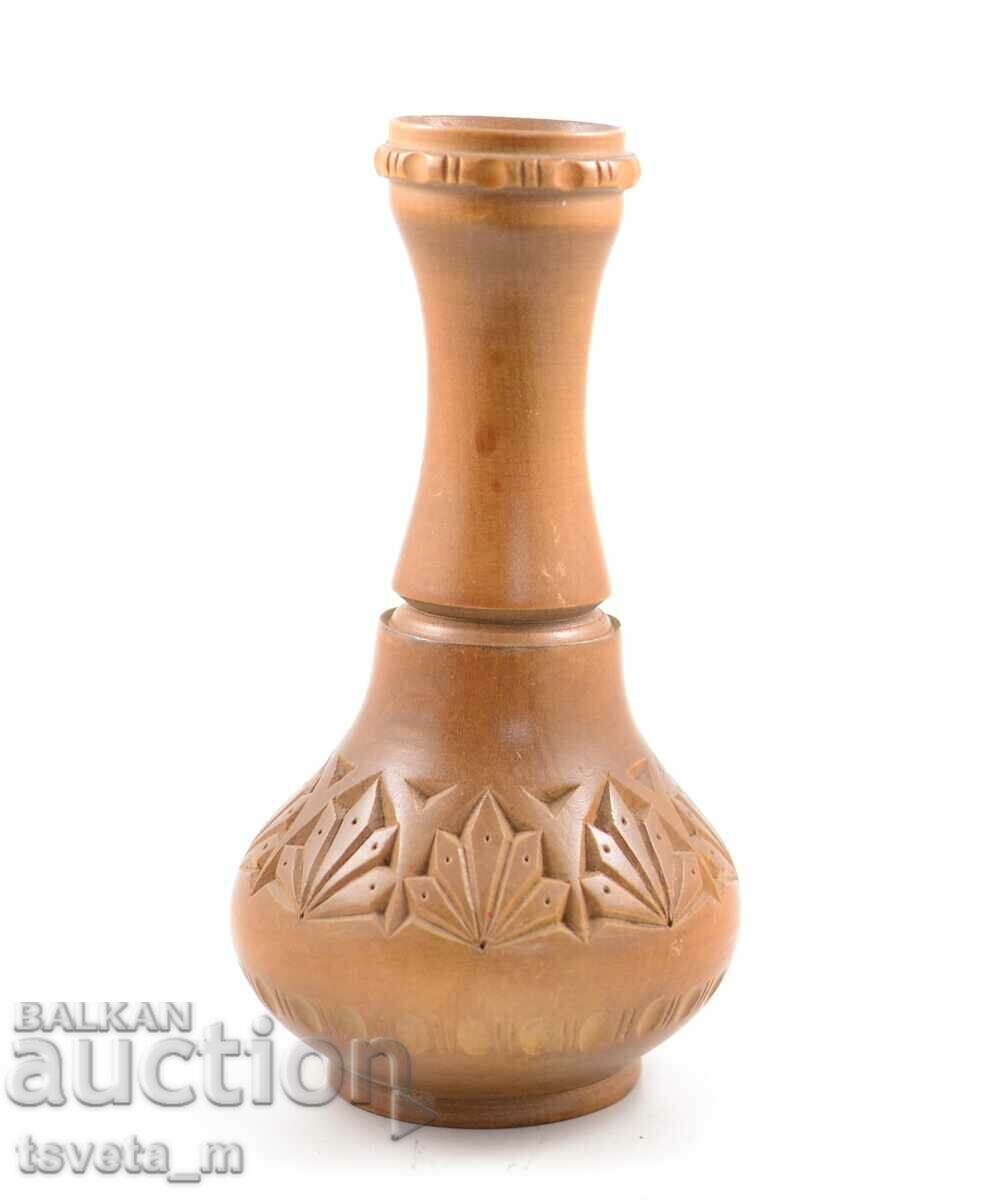 Vază antică din lemn pentru flori uscate, sculptură în lemn, nuc
