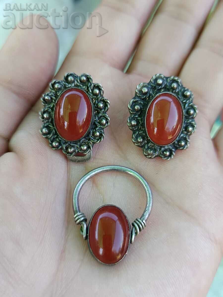 Antique Set of Silver Earrings and Carnelian Silver Ring
