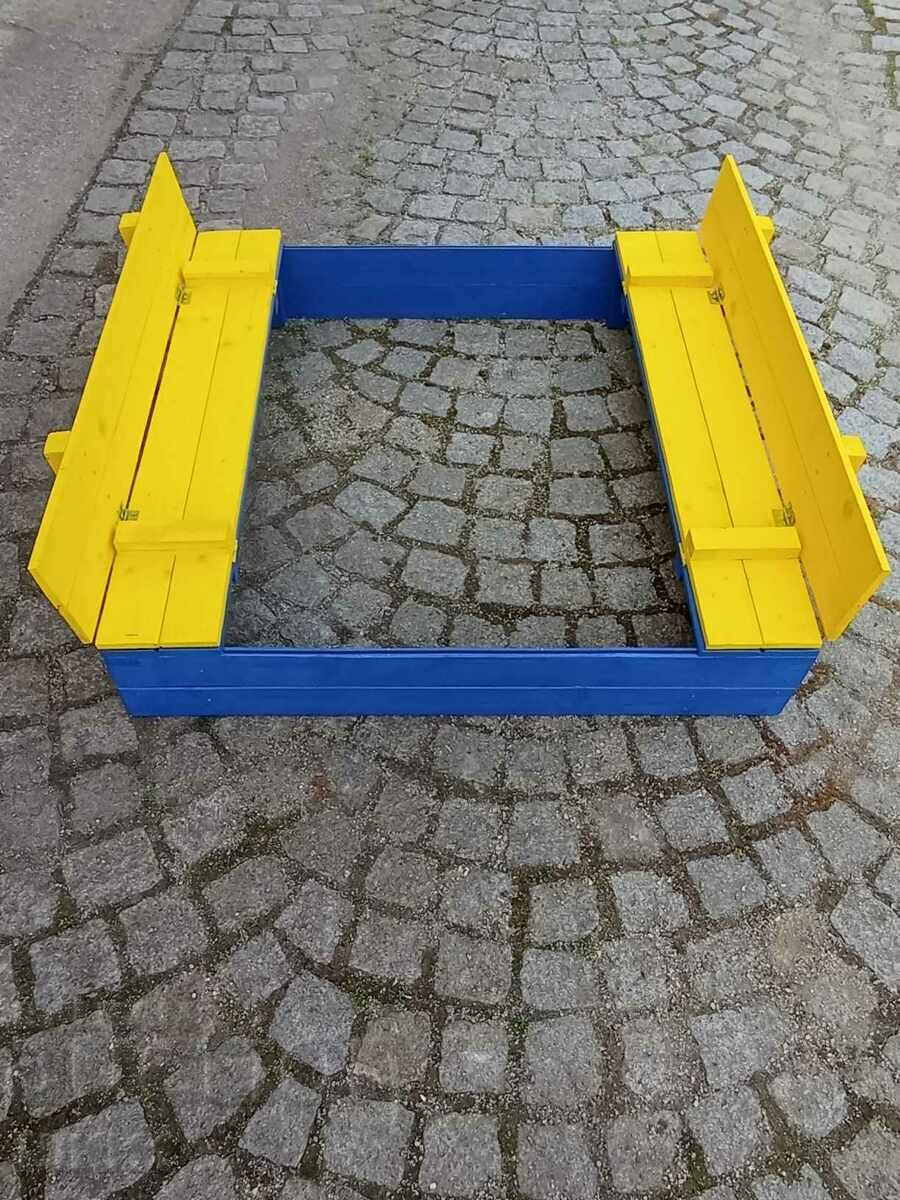 Children's sandbox with folding benches and sandbox roof