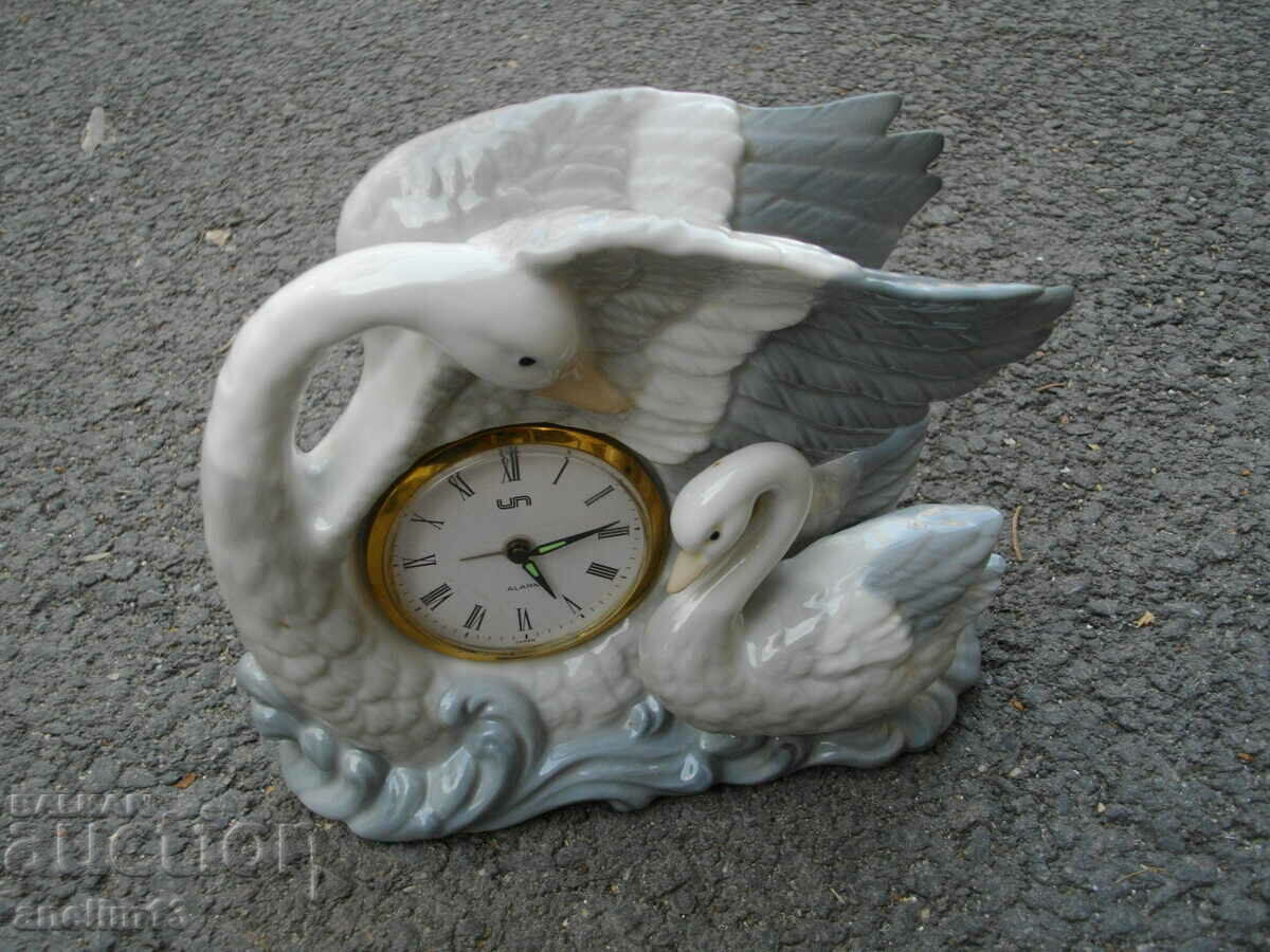 DESKTOP JAPANESE PORCELAIN CLOCK SWAN ALARM JAPAN DESKTOP JAPANESE PORCELAIN CLOCK SWAN ALARM JAPAN
