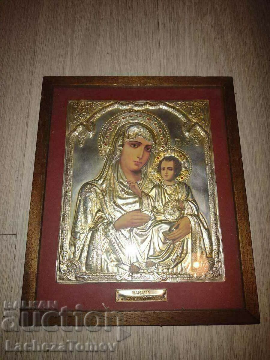 Икона Св.Богородица Гърция  метален обков посребрена стъкло