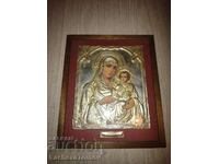 Icon of St. Virgin Greece metal fittings silvered glass