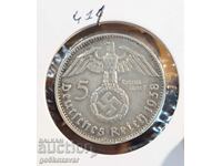Германия трети райх 5 марки 1938г Сребро !