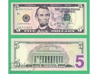 (¯`'•.¸   САЩ  5 долара  2013  UNC   ¸.•'´¯)
