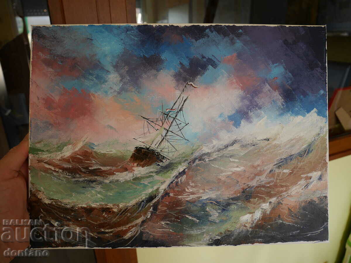 Oil painting - Seascape - Ship in a stormy sea 40/30