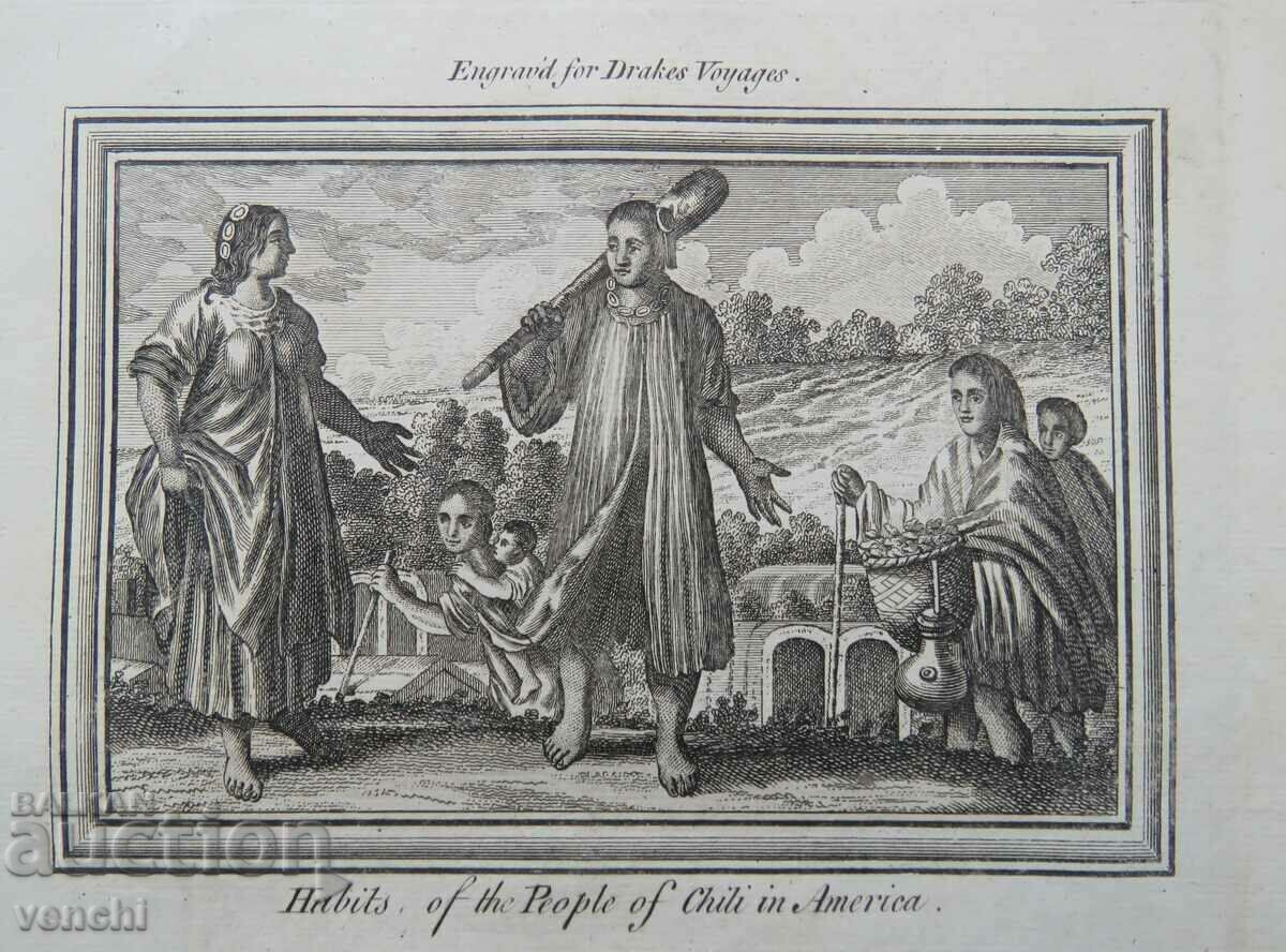 1771 - GRAVURA - OAMENI ANIMALE CHILE AMERICA - ORIGINAL cu preț 59.99 BGN | € 30.67