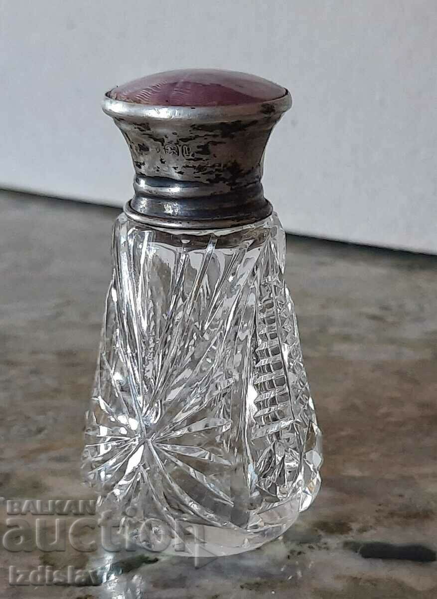 Sticla victoriana de cristal cu capac emailat argintiu