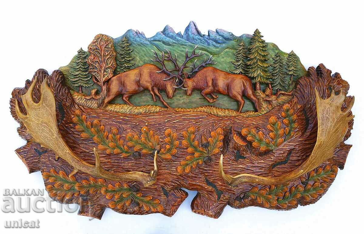 Wood carving, panel with red deer, unique