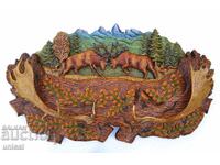 Wood carving, panel with red deer, unique