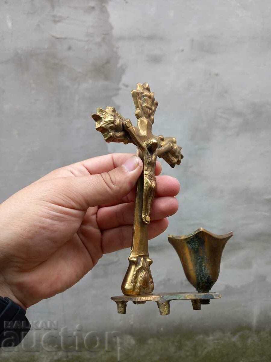 Cruce de bronz veche sfeșnic crucifix religie