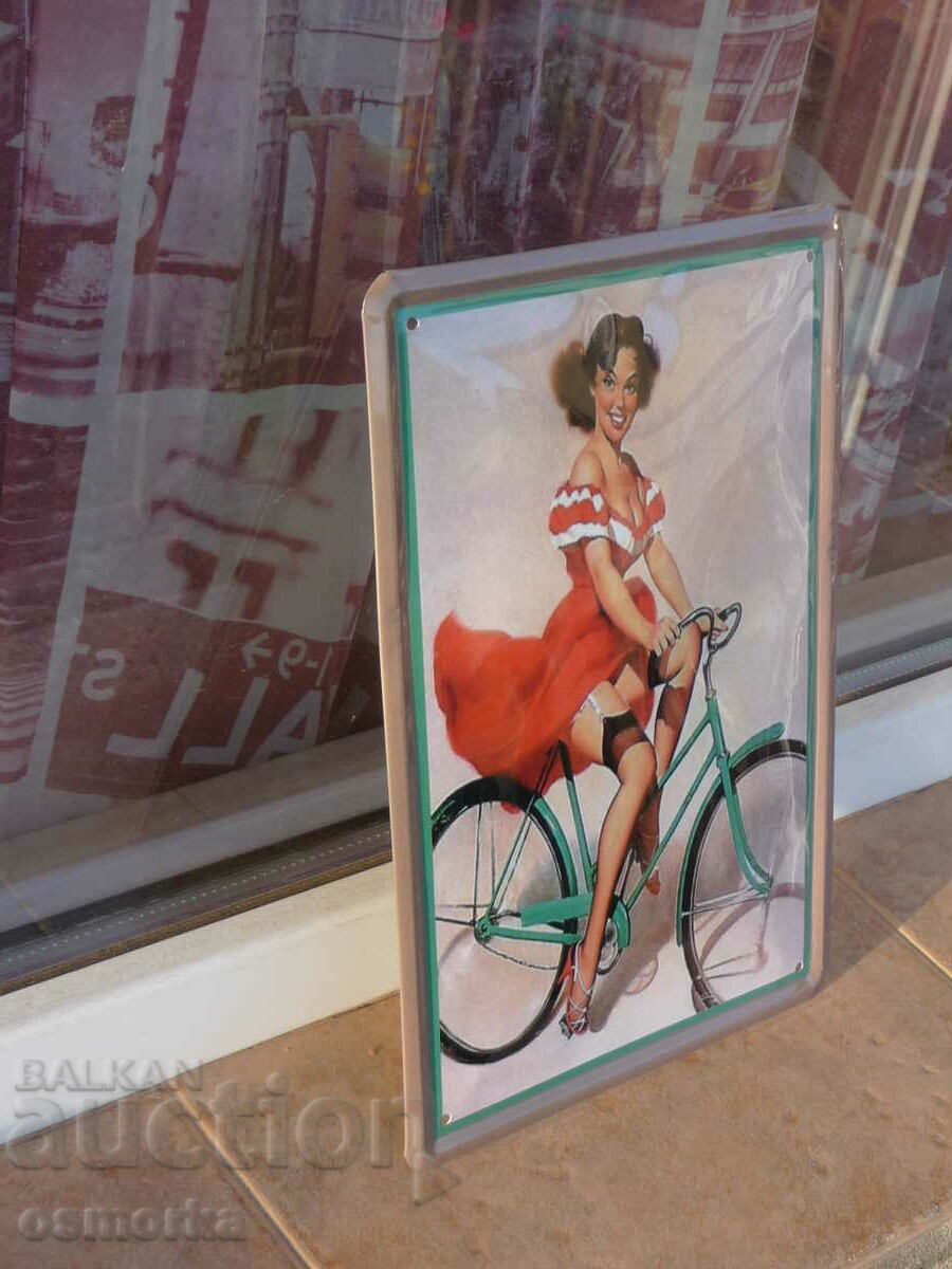 Metal sign woman on a bike erotic bicycle retro pretty with price 18.00 BGN | € 9.20