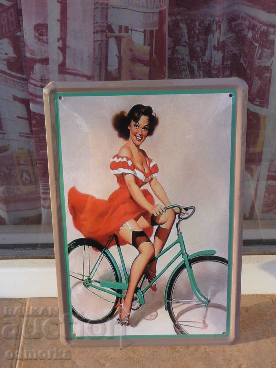 Metal sign woman on a bike erotic bicycle retro pretty