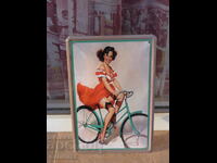 Μεταλλικό σημάδι γυναίκα σε ένα ποδήλατο ερωτικό ρετρό ποδήλατο όμορφο