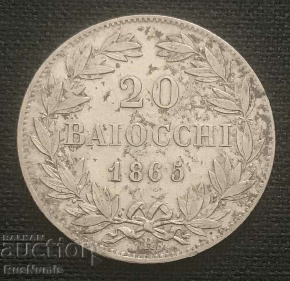 Папска държава. 20 байоки 1865 г. Сребро.