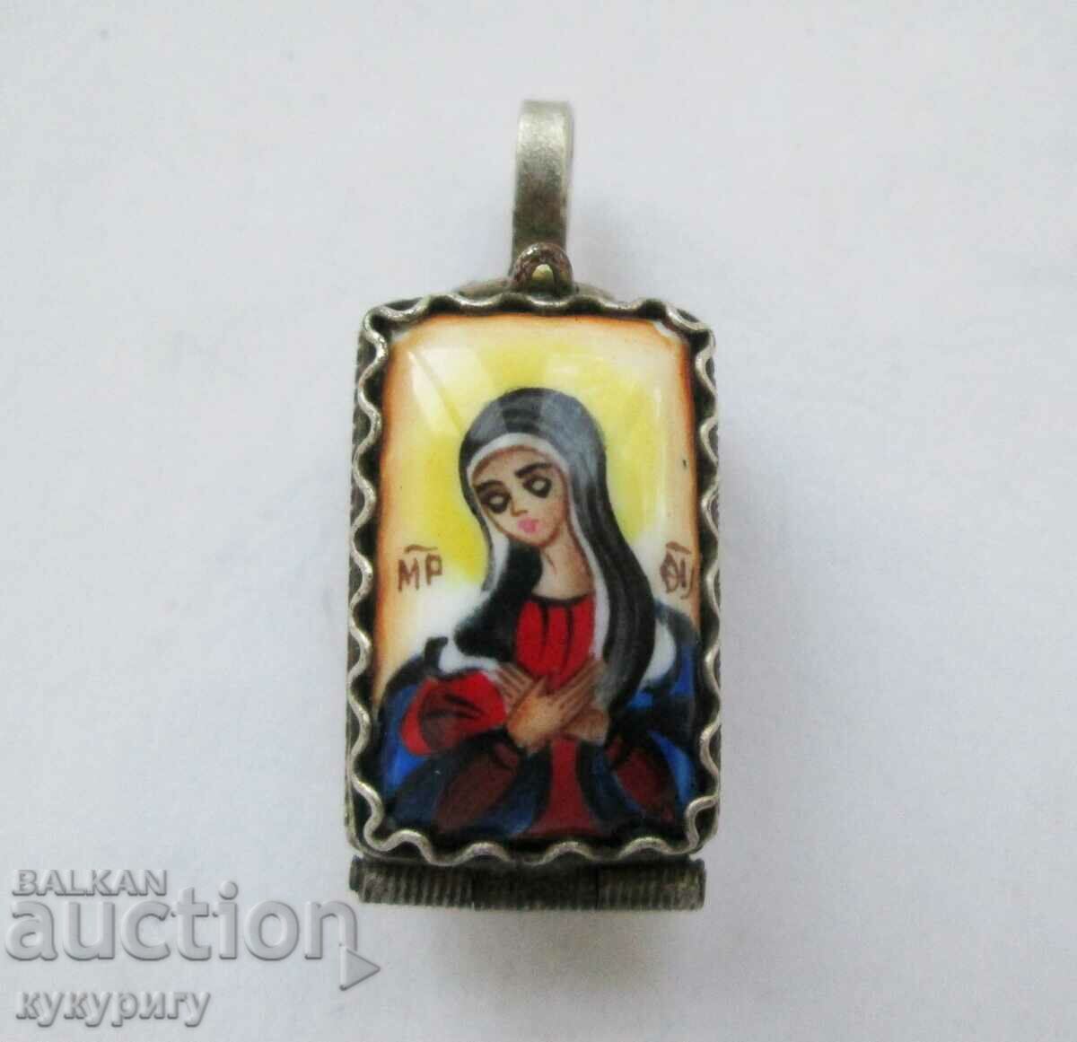 Old Russian pendant medallion for necklace with icon of the Mother of God