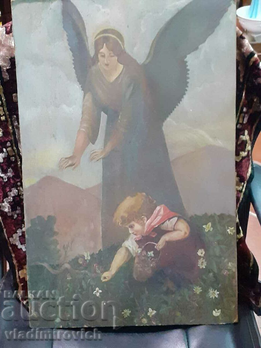 Old Bulgarian painting "GUARDIAN ANGEL" - 1932. Varna