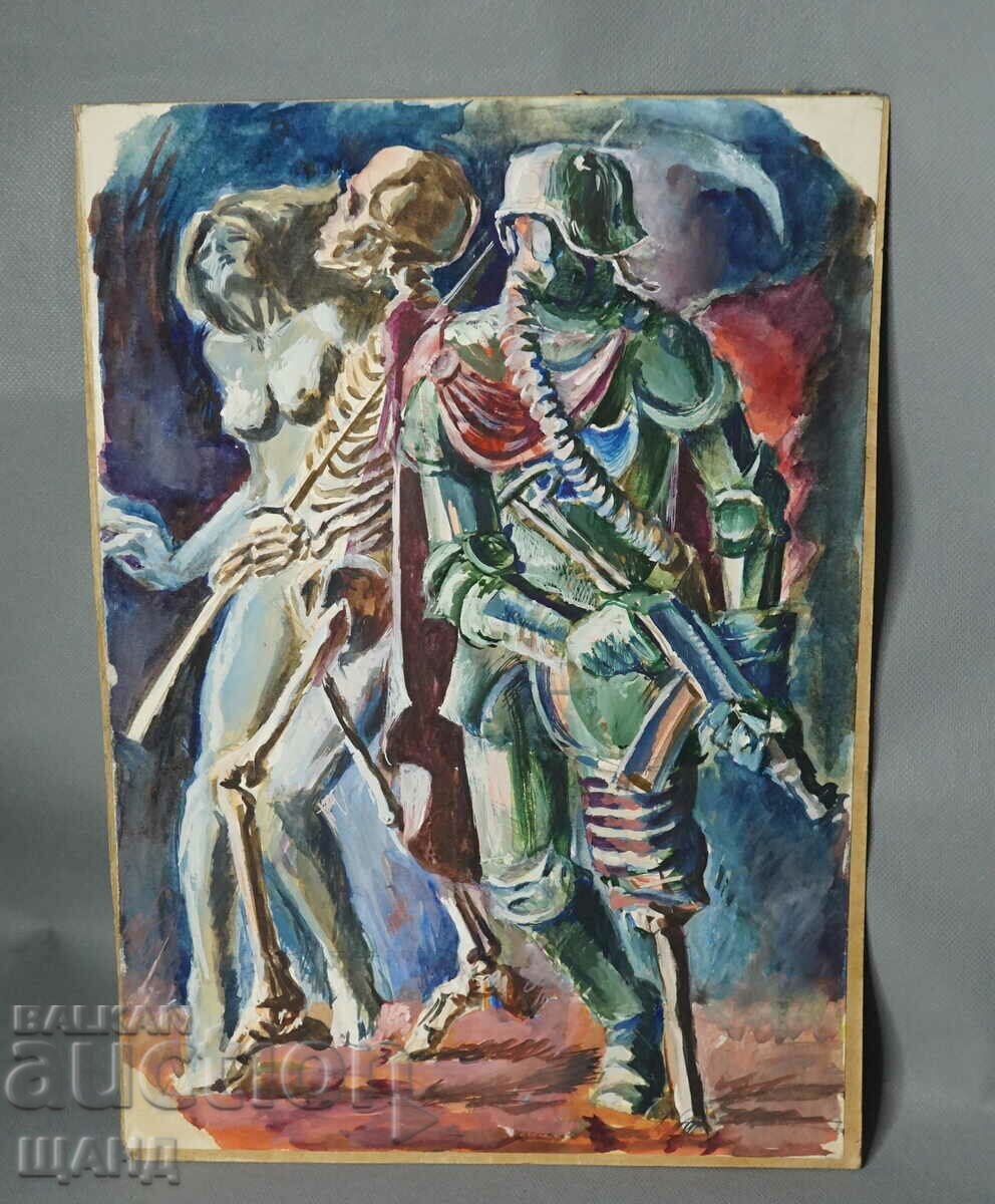 Стара Майсторска Рисунка картина войник,скелет голо тяло