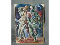Стара Майсторска Рисунка картина войник,скелет голо тяло