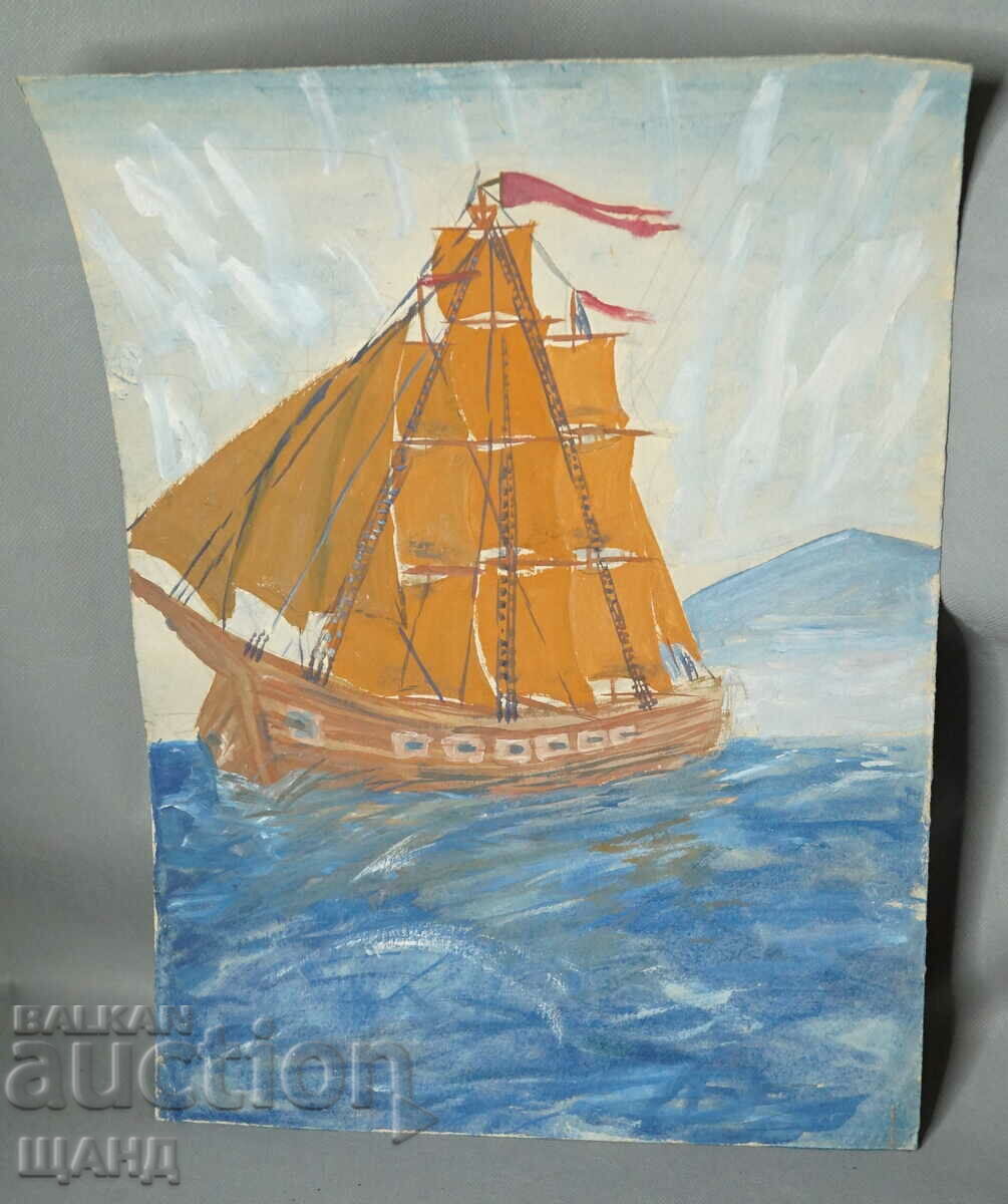Стара Майсторска Рисунка картина морски пейзаж кораб