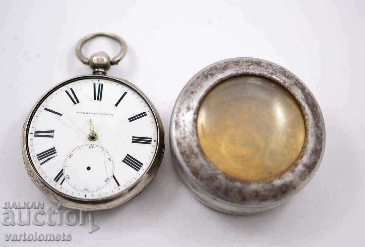 Сребърен 925 джобен часовник  IMPROVET PATENT  - не работи
