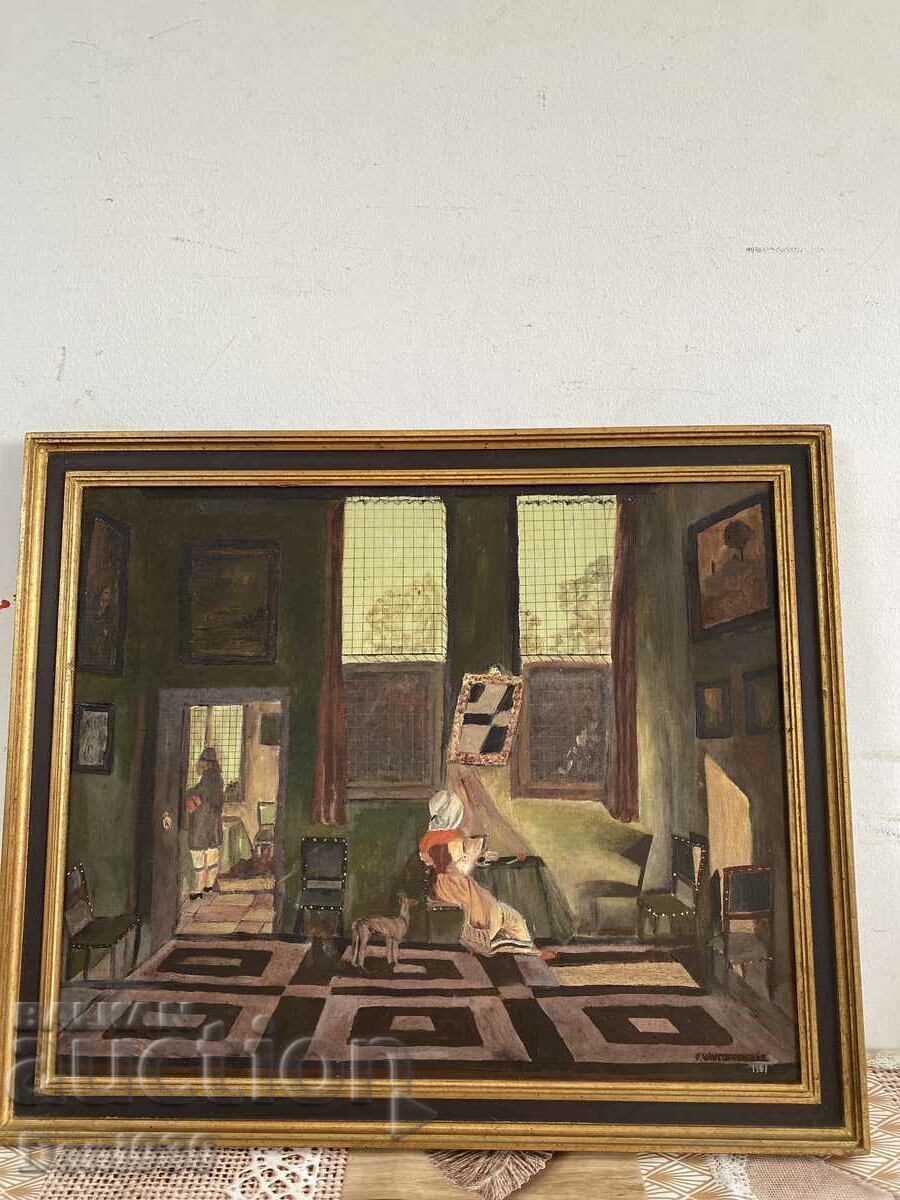 Παλιά πρωτότυπη ζωγραφική σε λάδι σε καμβά από το 1961.