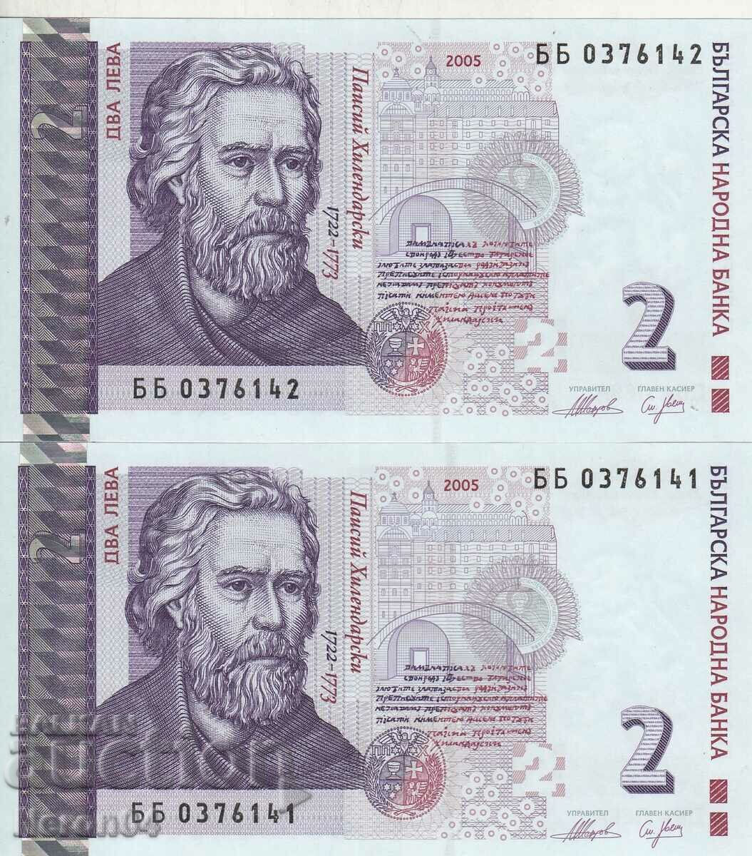 2 banknotes of 2 BGN each (sequential numbers) 2005, Bulgaria