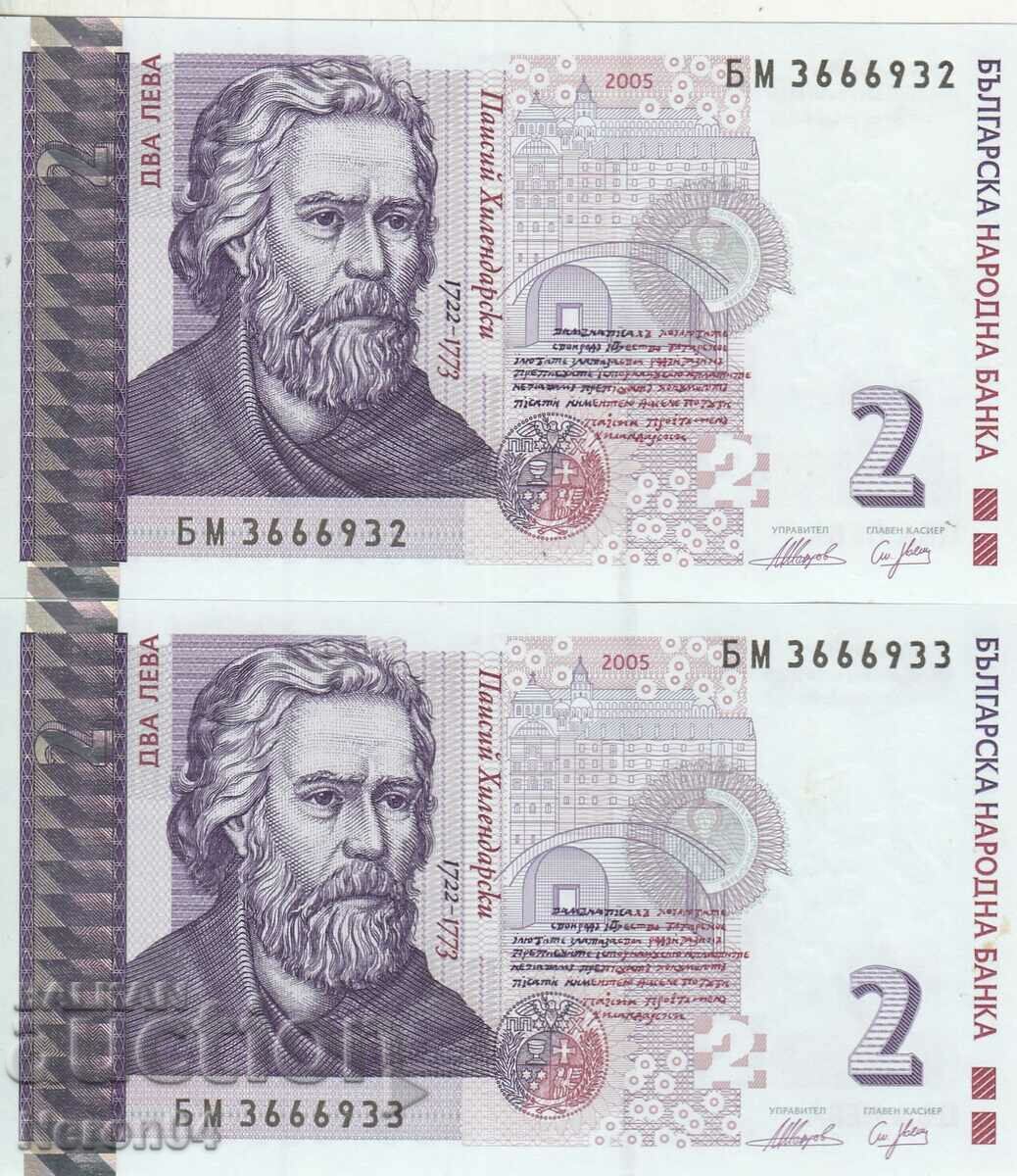2 bancnote a câte 2 BGN fiecare (numere secvențiale) 2005, Bulgaria