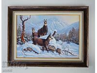 Зимен планински пейзаж с диви кози, картина за ловци