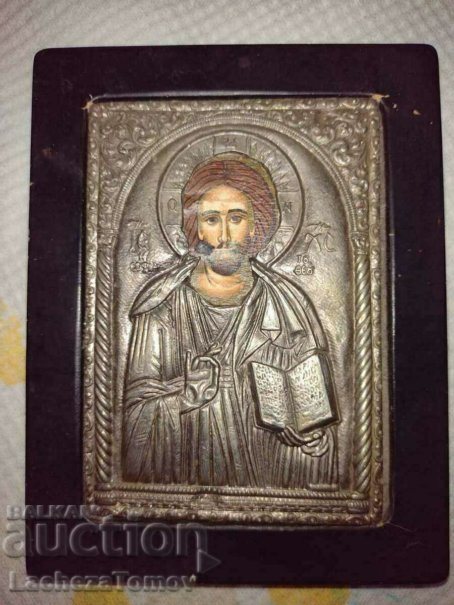 Икона Исус Пантократор Гърция метален обков посребрена