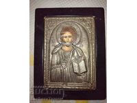 Икона Исус Пантократор Гърция метален обков посребрена