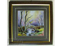 Watercolor painting Landscape with a bridge, framed 28/28 cm, excellent