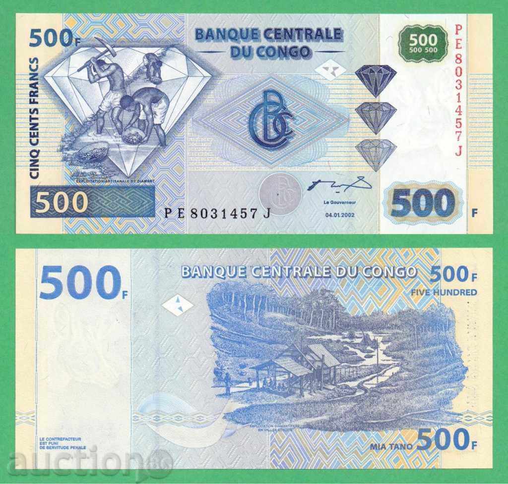 (¯`'•.¸ CONGO DEM.REPUBLIC 500 francs 2002 UNC ¸.•'´¯)