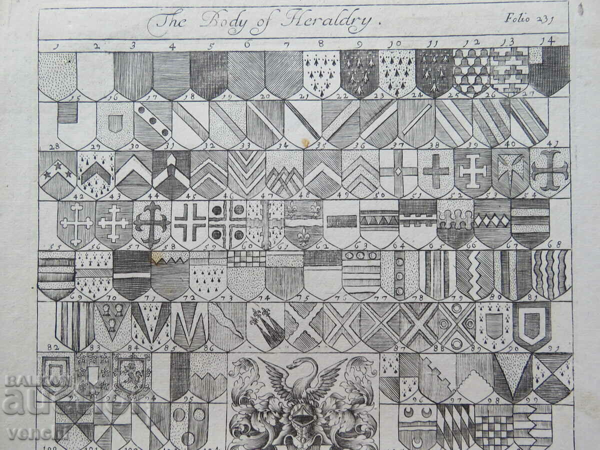 1686 - GRAVURA - Un set de simboluri heraldice. - ORIGINAL cu preț € 39.99 | 78.21 BGN
