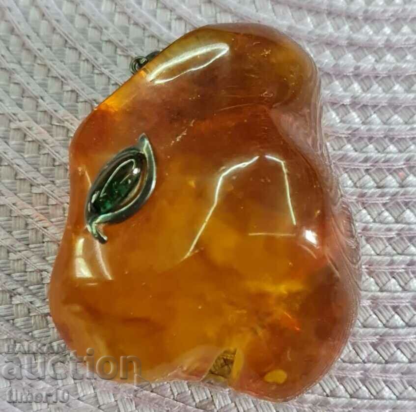 Pendant of old large Baltic amber 49g with green precious stone