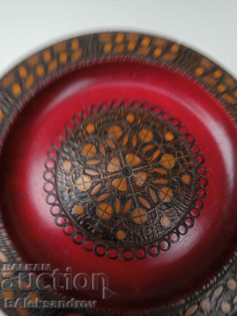 Auction Wood carving plate with brass studs Auction Wood carving plate with brass studs