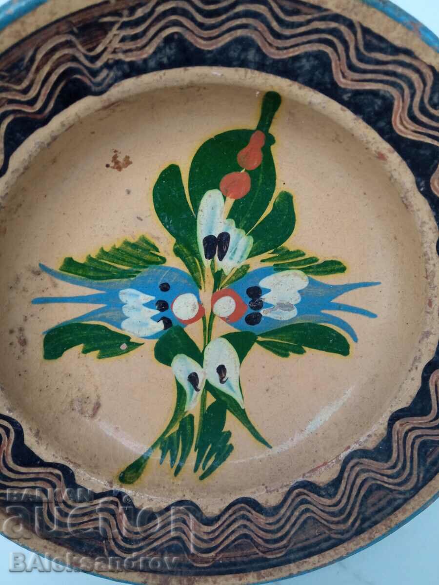 Veche farfurie din ceramică troiană, model păun