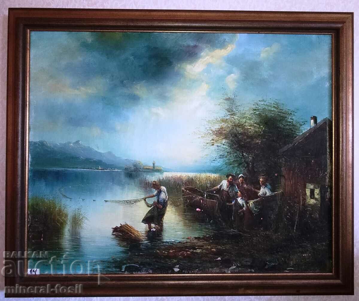 Oil painting - fishermen catch fish with a net, boats, sea